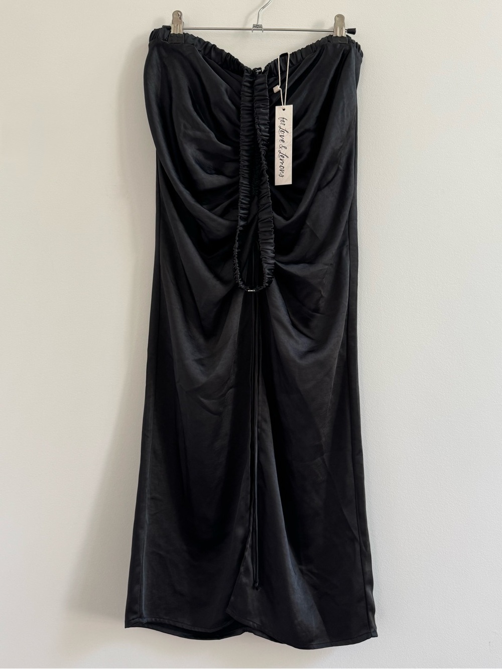 For Love & Lemons Black Ruched Satin Maxi Dress